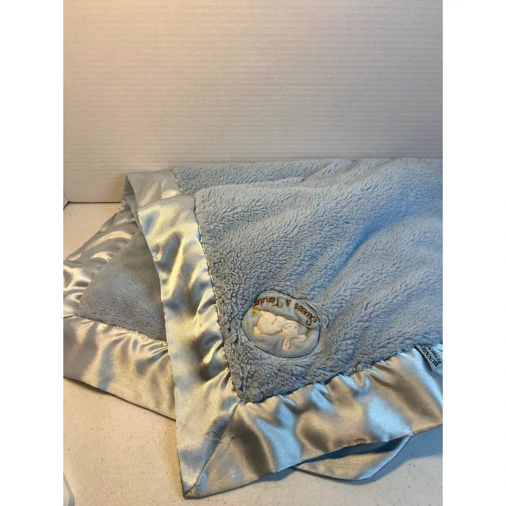 Bunnies By The Bay Sweet & Tender Blue Plush Satin Trim Baby Blanket 32x32